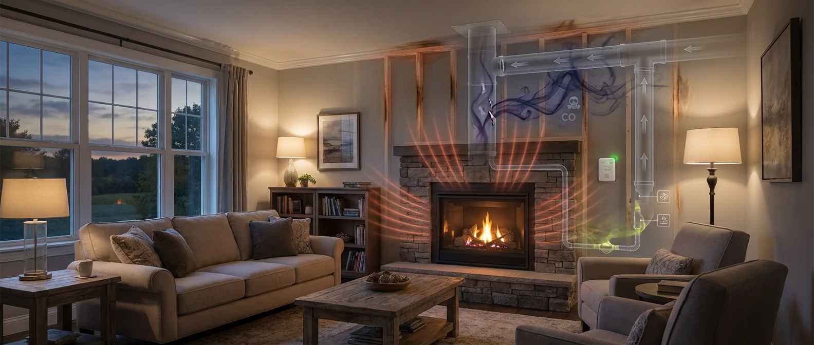 Cozy living room at dusk with lit fireplace, sofa and armchairs; translucent overlay shows vent pipes and arrows indicating carbon monoxide flow and a wall CO detector.