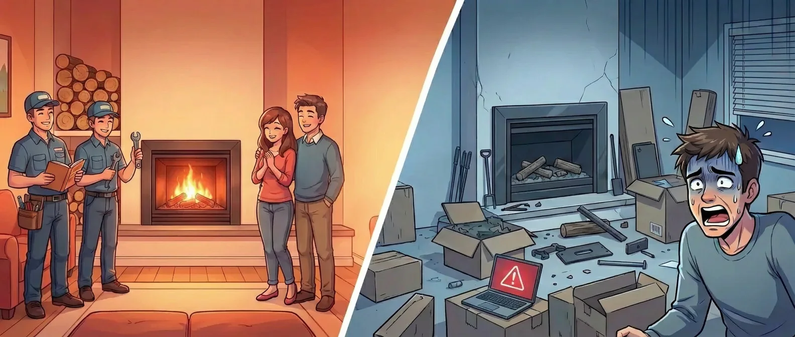 Split image: Left shows a happy couple with a lit fireplace and smiling workers. Right shows a stressed man with a broken fireplace, scattered tools, and a warning on a laptop.