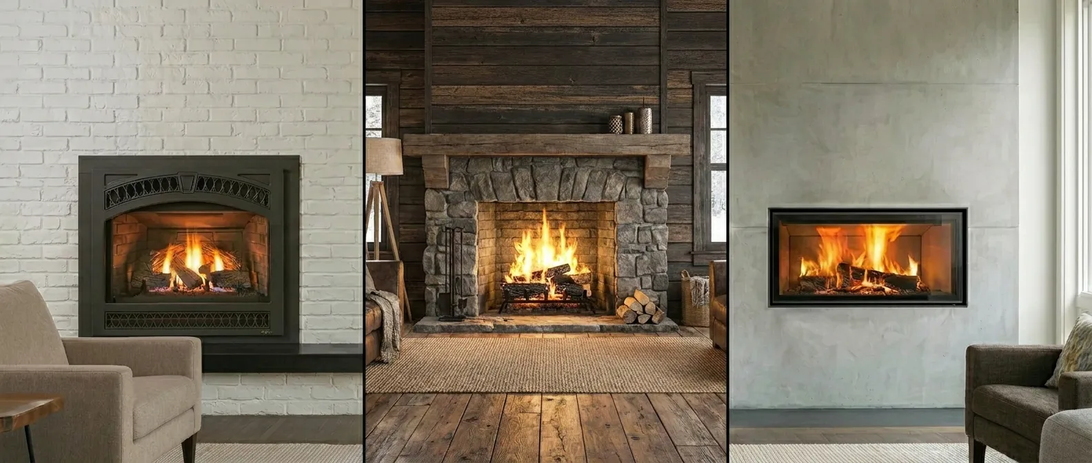 A trio of fireplace designs side-by-side: a radiant-efficiency Valor-style unit with visible heat el