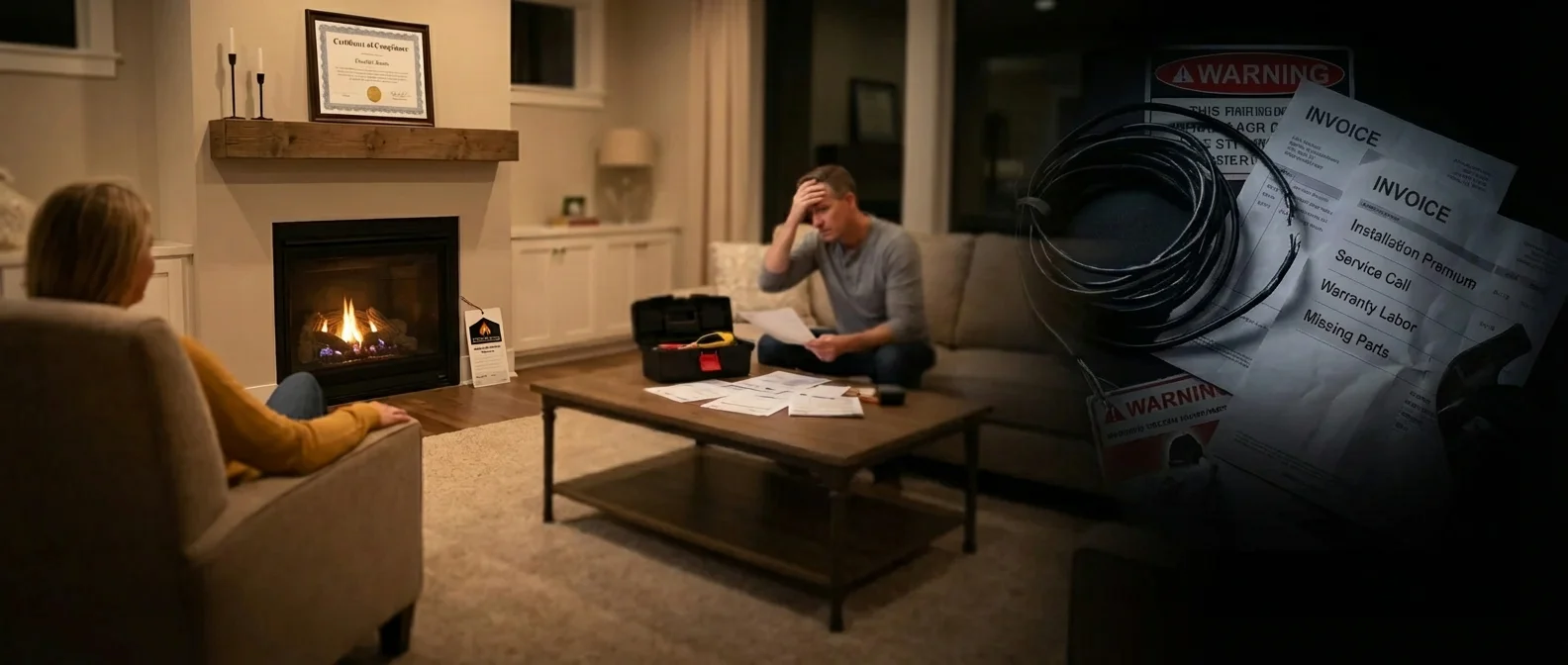 Couple in living room, man on couch looking stressed over invoices and paperwork on coffee table, woman watching, lit fireplace in the background