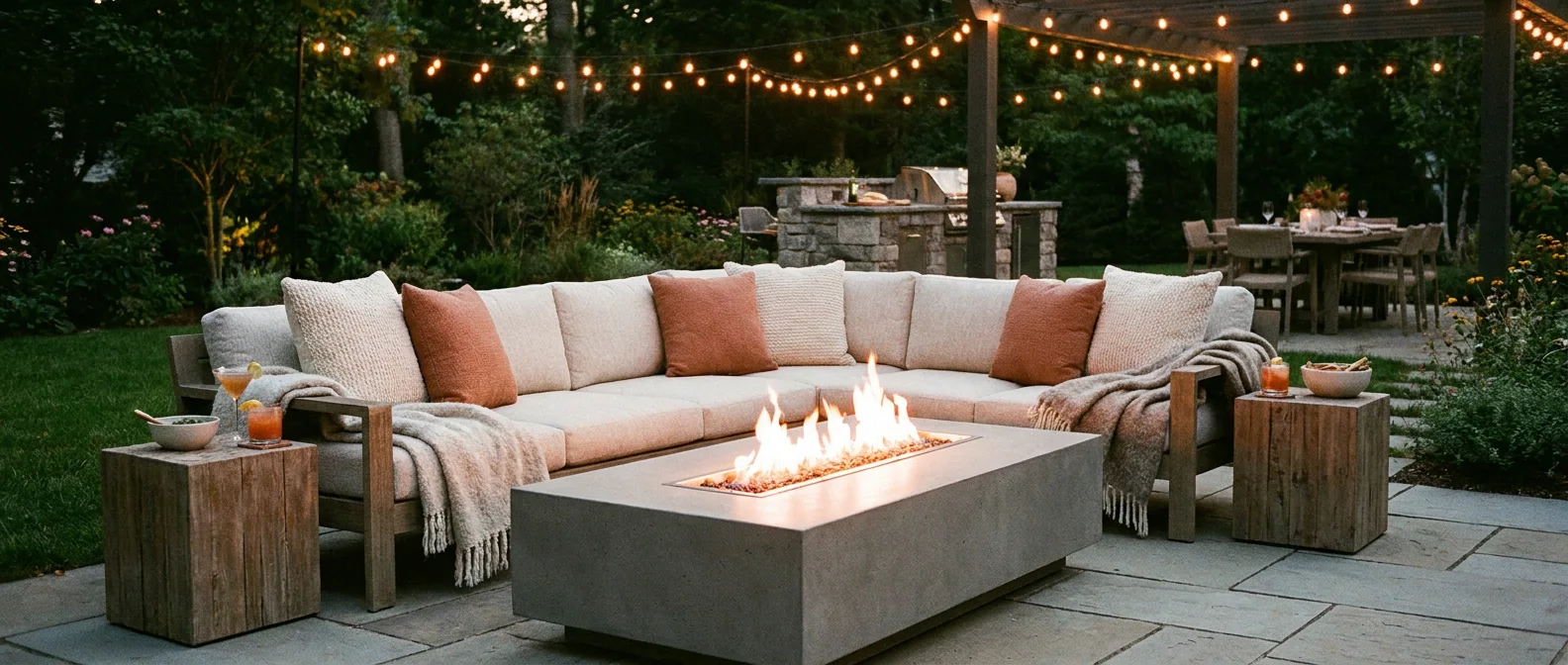 An inviting outdoor lounge anchored by a modern fire table under string lights; a comfortable sectio