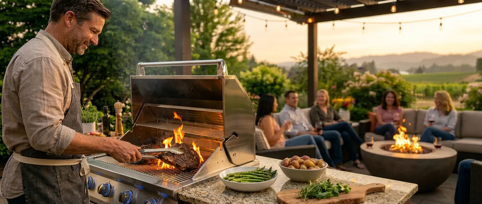 Man grilling a large steak on a stainless steel gas grill on a patio as a group of friends sit around a fire pit and chat at sunset