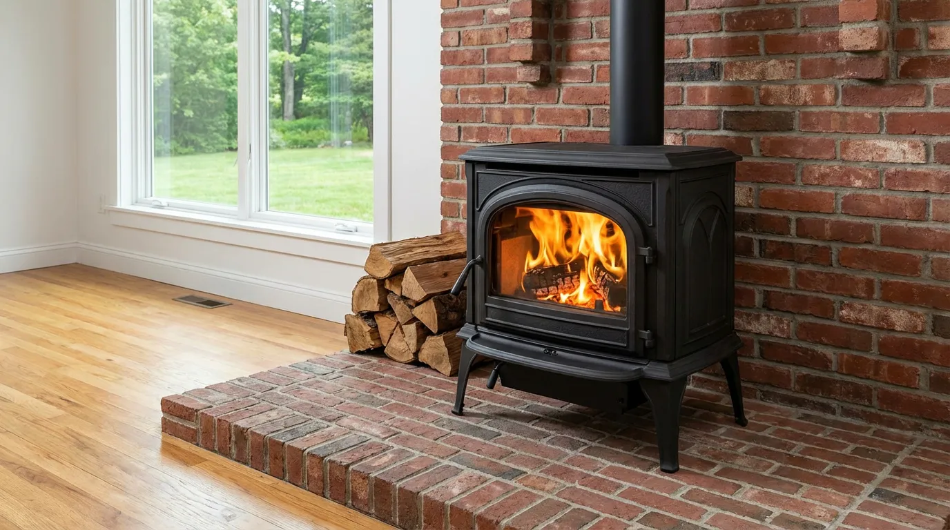 A black wood-burning stove with a fire inside sits on a brick hearth. A stack of logs is beside it, and a large window shows a view of green trees outside.