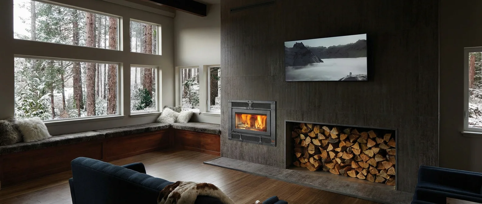Cozy living room with large windows overlooking a snowy forest. A modern fireplace with stacked wood and a TV mounted above. Seating area with cushions nearby.