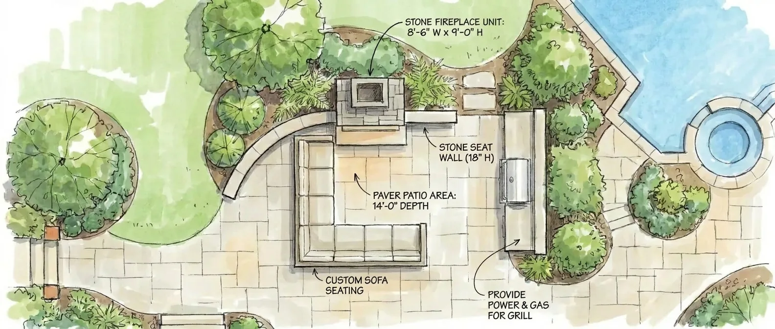 Top-down hand-drawn backyard plan showing paver patio with L-shaped sofa, stone fireplace and seat wall, built-in grill, surrounding plantings and pool with spa