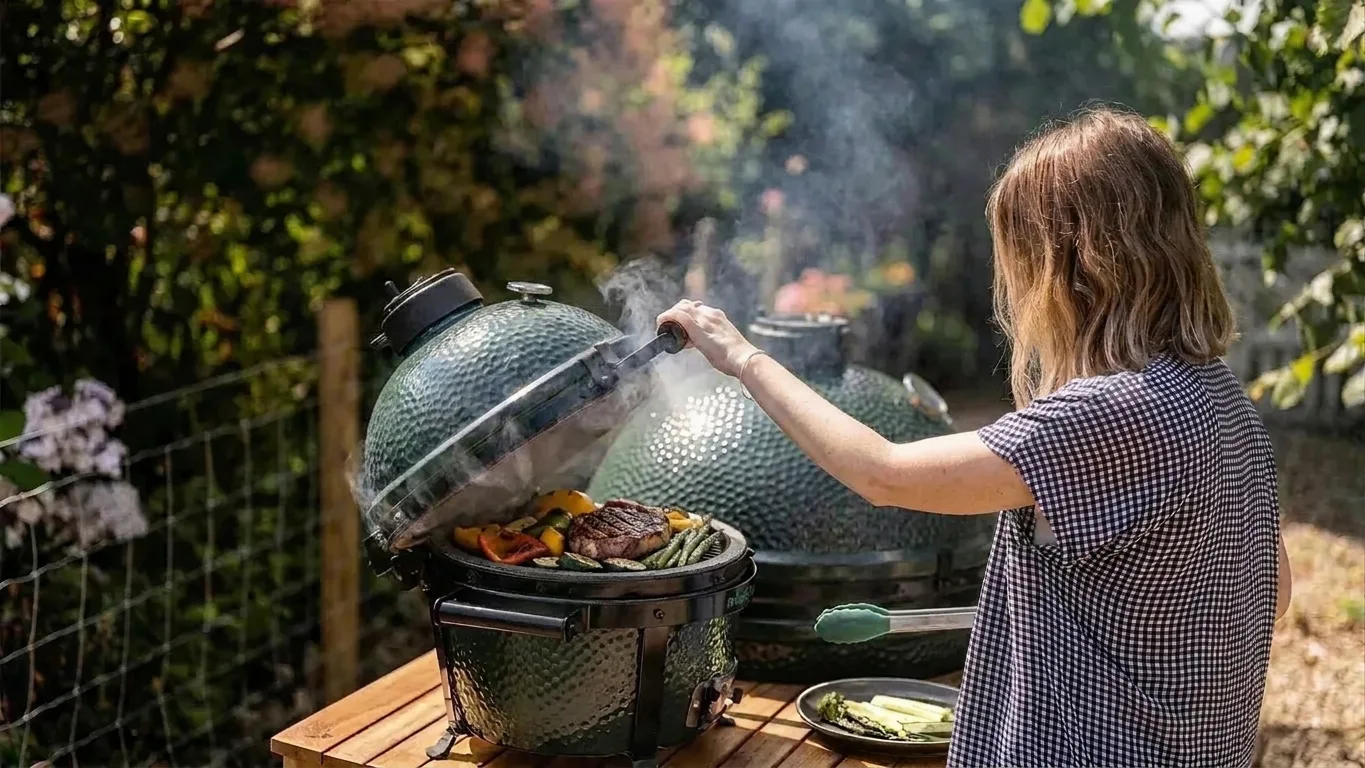 Person lifting lid of green ceramic kamado grill outdoors, revealing steak and vegetables on the grate with smoke rising, tongs and a plate with asparagus on a table.