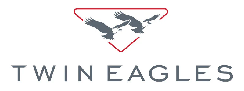 Logo of Twin Eagles with two gray eagles flying side by side inside a red outlined triangle, above the text 