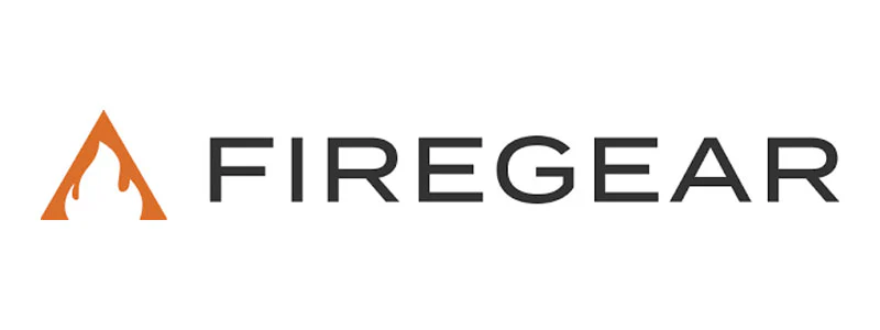 Logo of Firegear featuring an orange flame icon inside a triangle on the left, with the word 