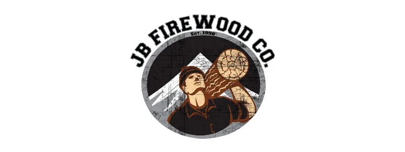 Logo for JB Firewood Co. depicts a worker carrying firewood with mountains in the background, encircled by the company name and 