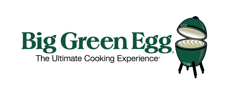 Big Green Egg logo featuring a green oval grill on legs with an open lid. The text 