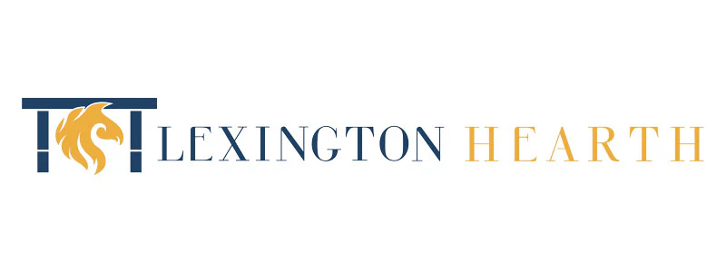 Logo of Lexington Hearth with a blue and orange design. Features a stylized flame integrated into the letter 