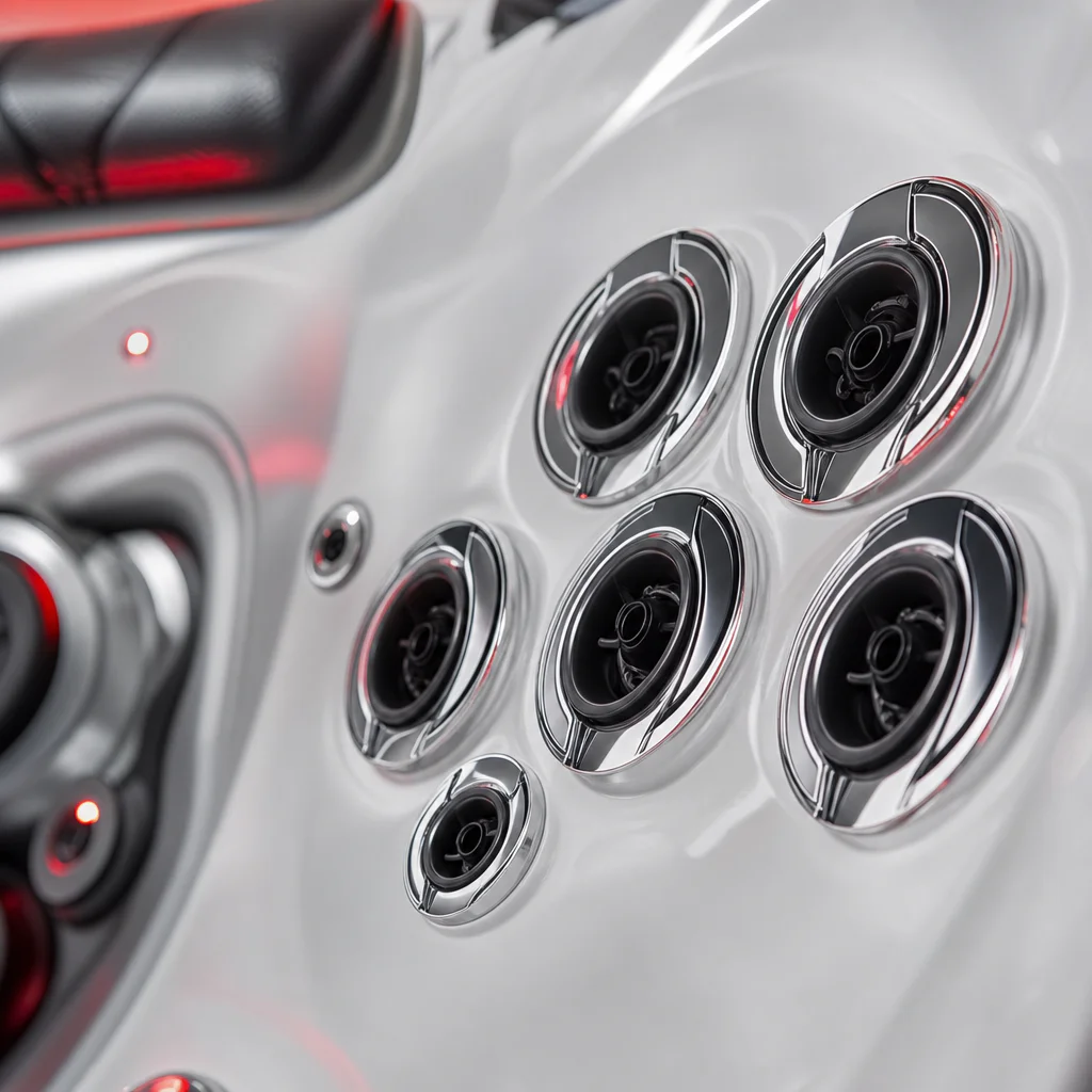 An ultra-clean macro product shot demonstrating high-end Wellis engineering and jet technology.