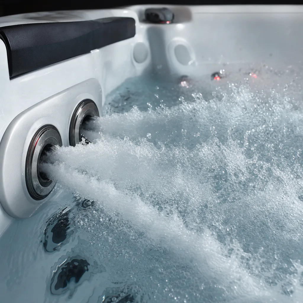 Detailed view of bubbling, high-performance hydrotherapy jets within a Wellis hot tub shell