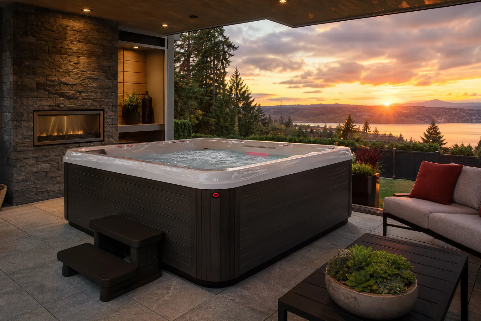 premium Wellis  luxury outdoor hot tub in a beautifully designed patio at sunset, pacific northwest back yard. you can use images from here as a refrence -- https://wellisspa.com/