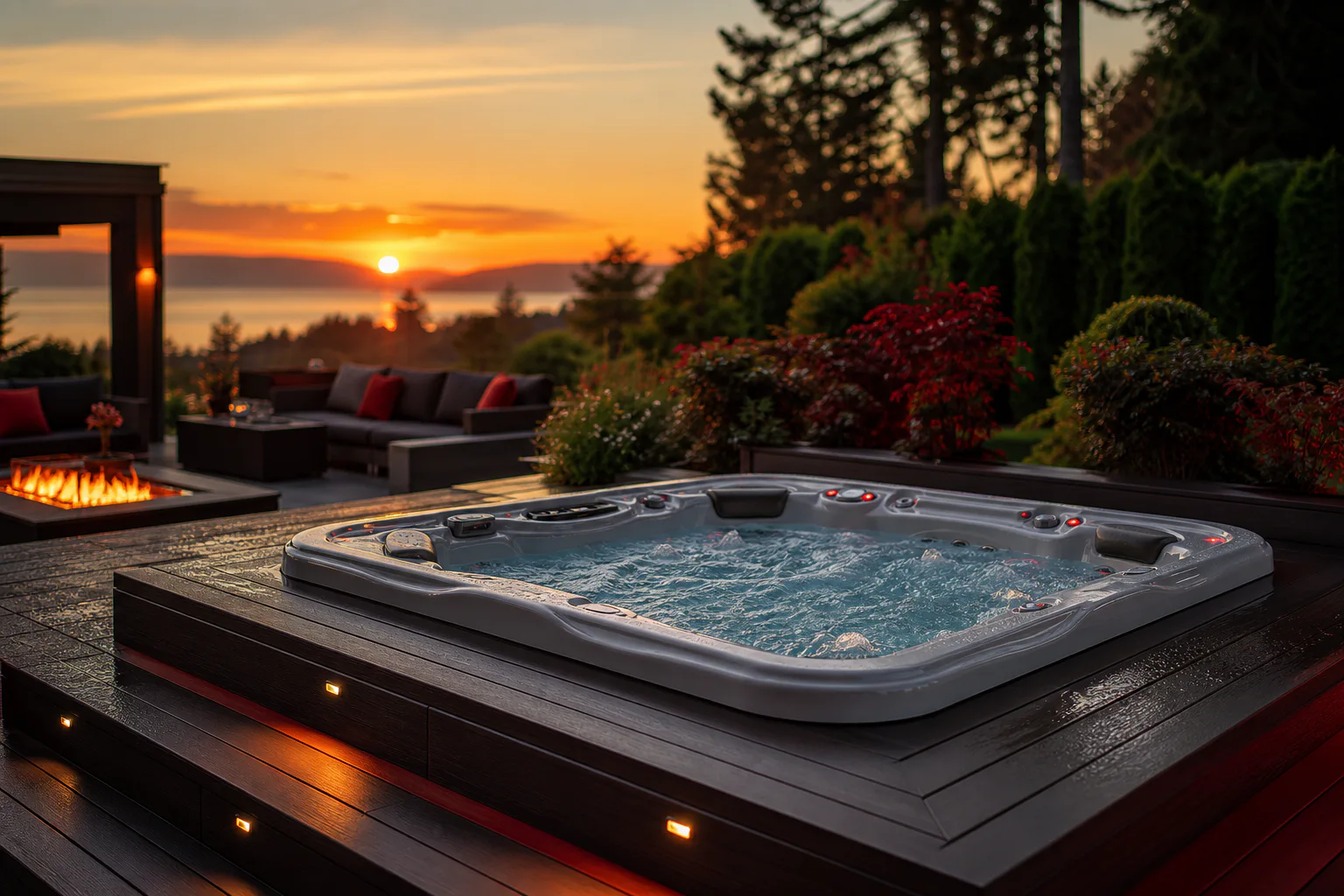 luxurious modern backyard outdoor living space featuring a Wellis high-end integrated hot tub during a warm Pacific Northwest golden hour sunset, shallow depth of field