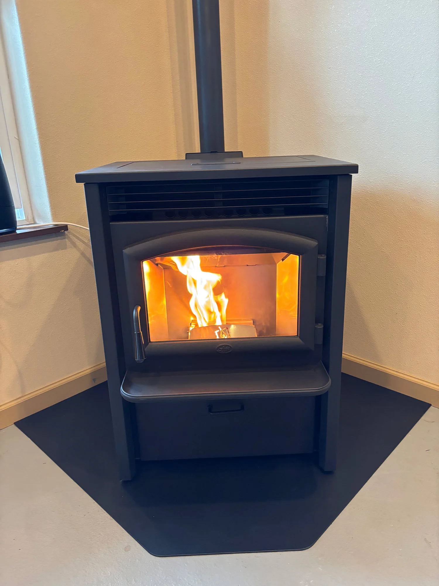 A black freestanding pellet stove with a visible flame inside, installed in a corner of a room with beige walls and light-colored baseboards.