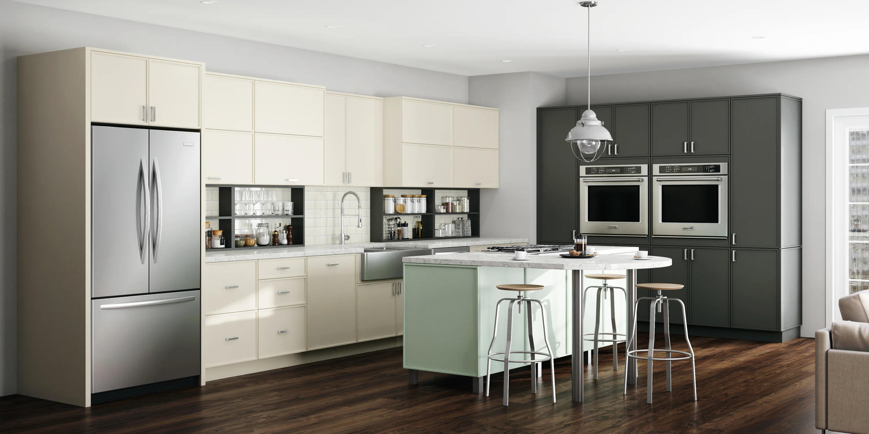 Modern kitchen with cream and dark gray cabinets, stainless steel appliances, and a white marble island with stools on a dark wood floor. A pendant light hangs above the island.