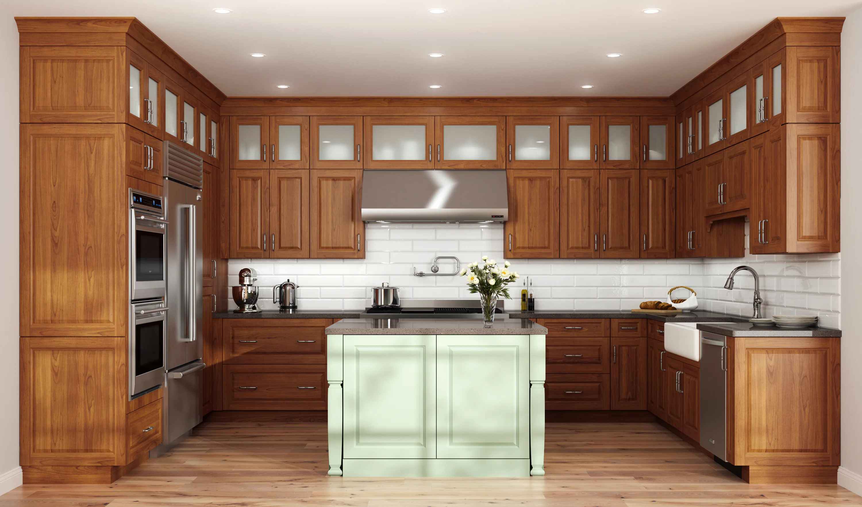 Spacious kitchen with wooden cabinets, stainless steel appliances, a mint-colored island counter, and a large sink. Bright lighting highlights the elegant design.