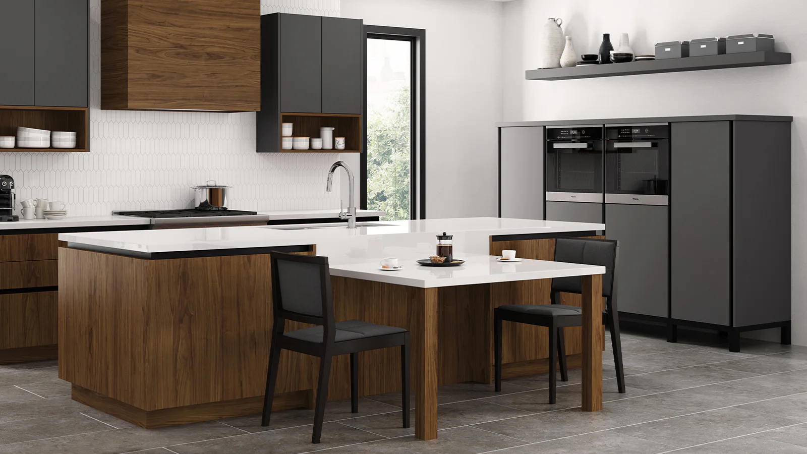 Modern kitchen with sleek, dark grey cabinets, wood accents, and white countertops. Features a large island with seating, built-in appliances, and a mix of open and closed storage.