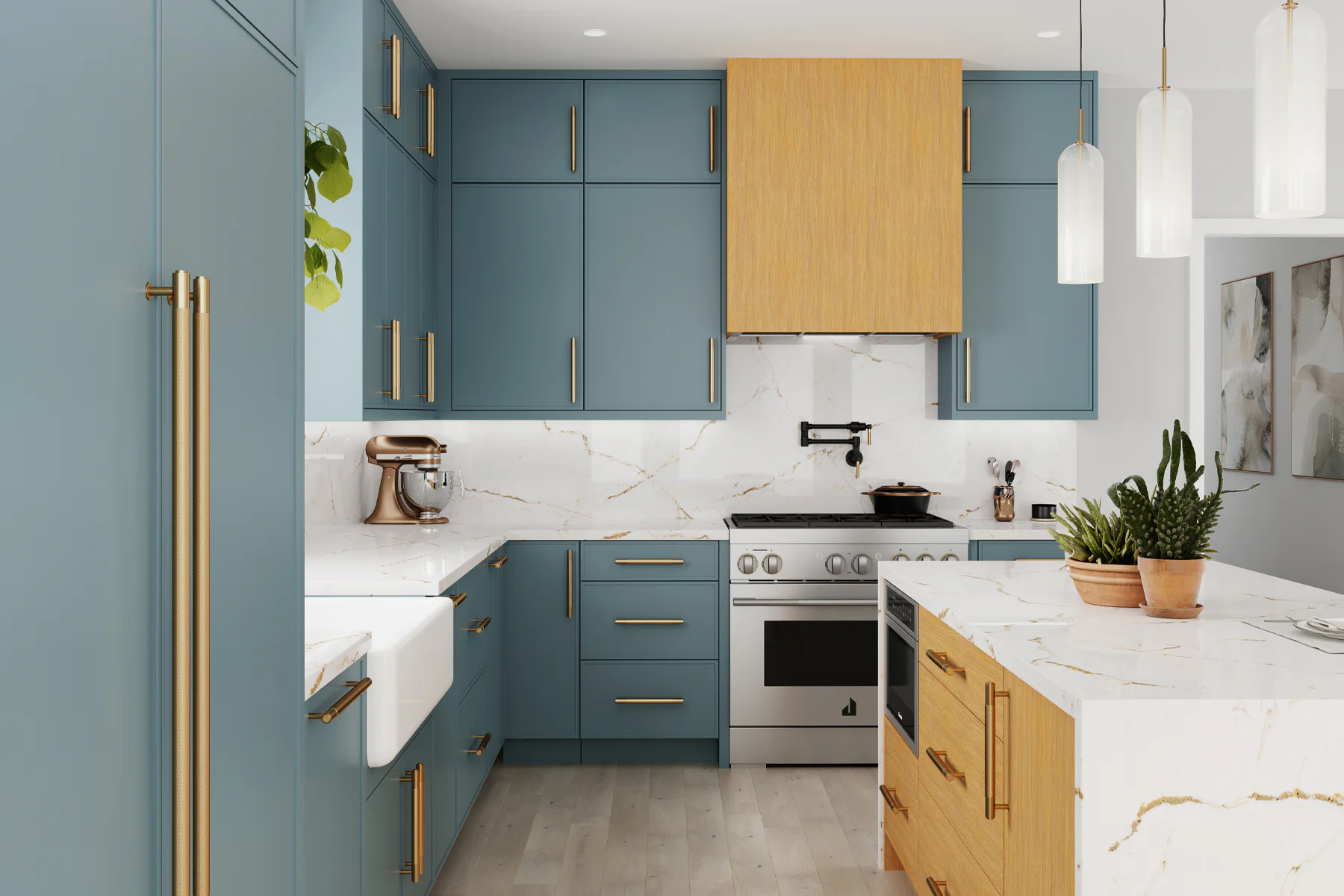 Modern kitchen with blue cabinets, gold handles, and a white marble countertop. Features include a stainless steel oven, farmhouse sink, indoor plants, and pendant lights.