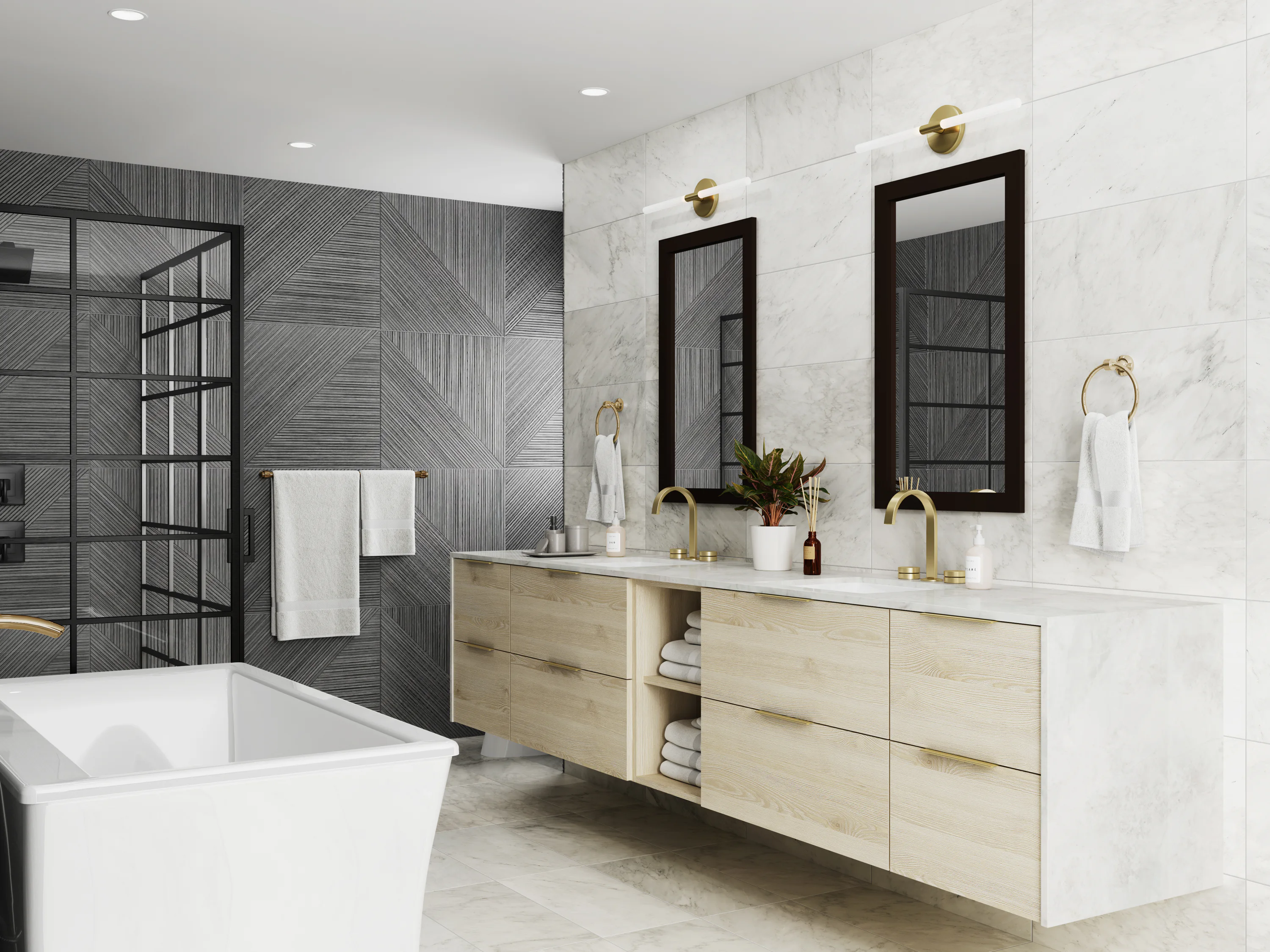 Modern bathroom with a white bathtub, double sink vanity with gold faucets, two mirrors, marble tiles, geometric gray accent wall, and plants.