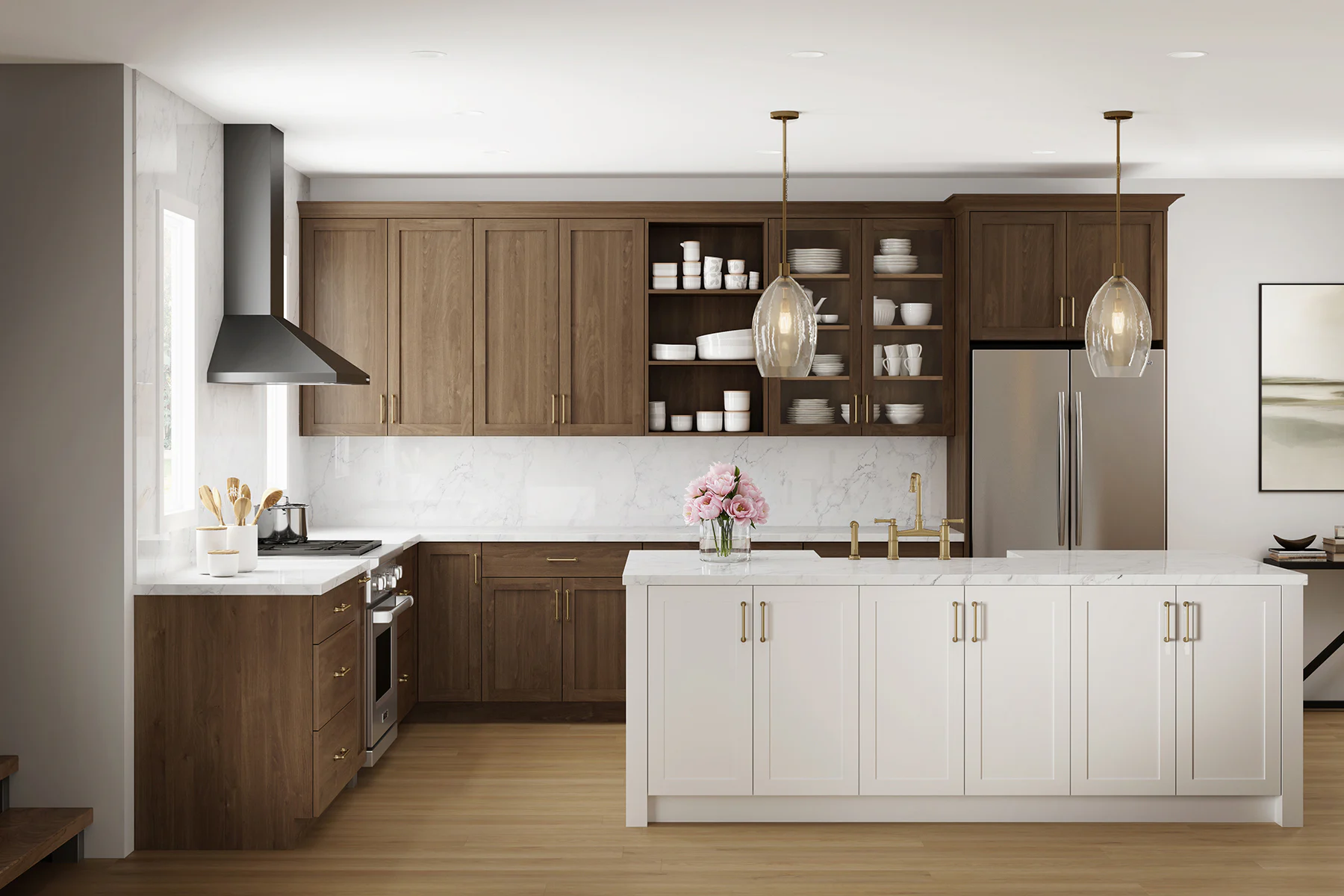 Modern kitchen with a white marble island, dark wood cabinets, pendant lights, stainless fridge and a vase of pink flowers