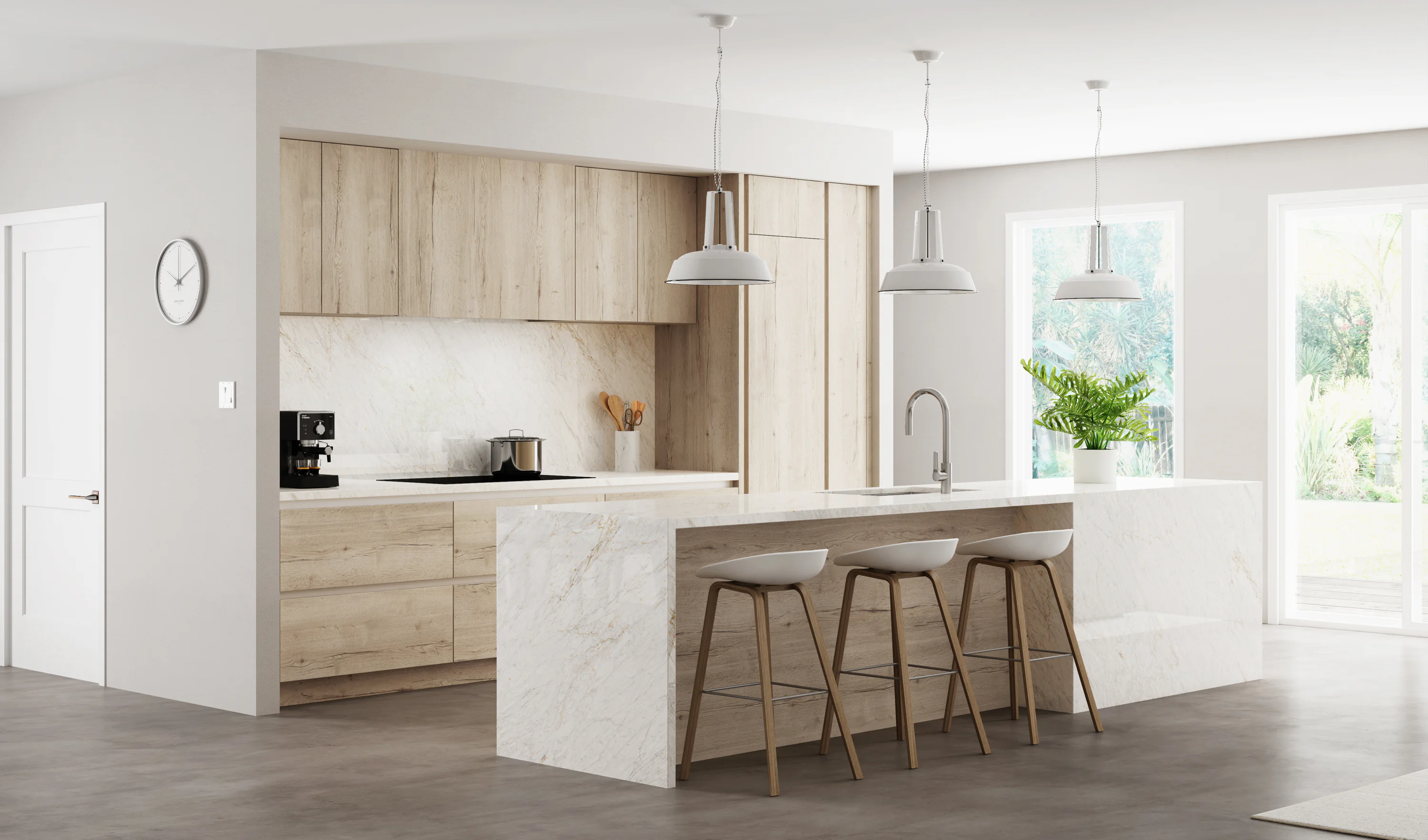 Modern kitchen with light wood cabinets, marble countertops, and a large island with three bar stools. Pendant lights hang above the island, and a plant sits near the window.