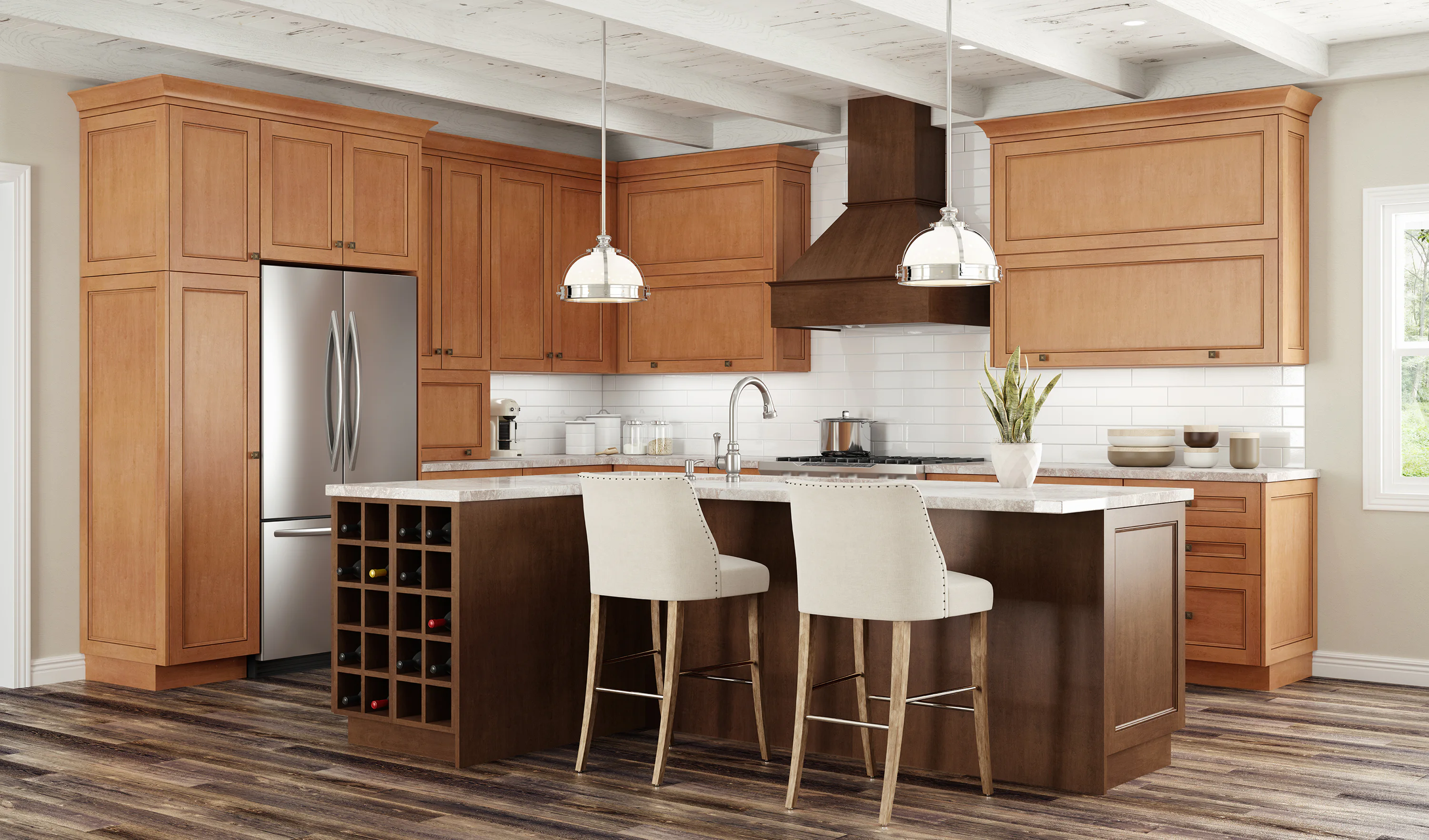 Spacious kitchen with wooden cabinets, a stainless steel fridge, and a central island featuring a wine rack and two stools. Two pendant lights hang above, with white-tiled backsplash.