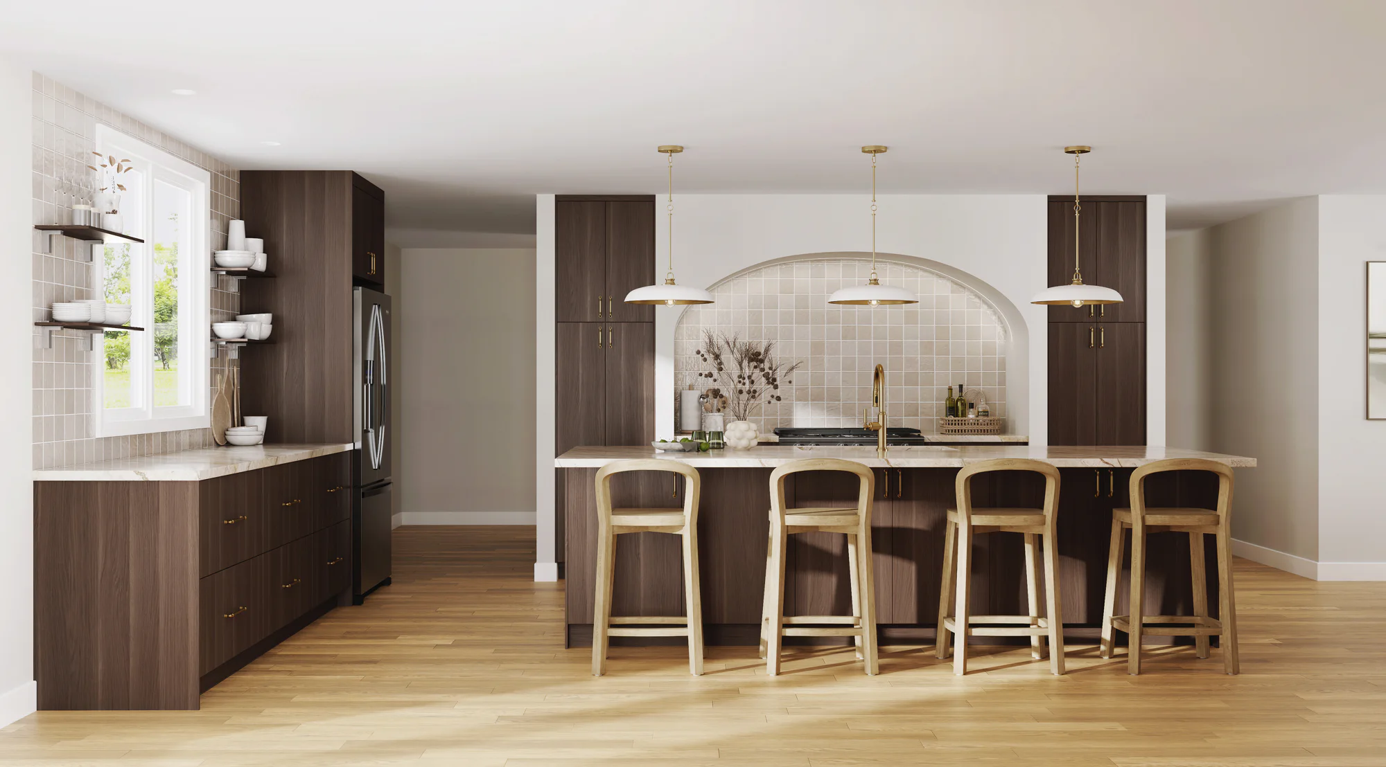 Contemporary kitchen with dark wood cabinets, marble island, three wooden bar stools and pendant lights