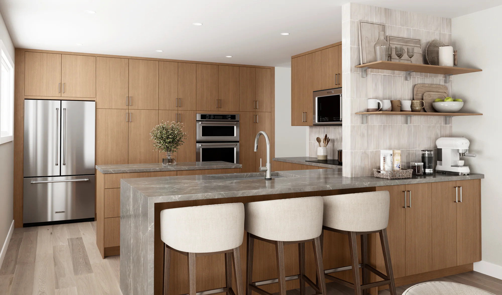 Modern kitchen with wood cabinets, marble island, three upholstered bar stools, stainless refrigerator and open shelves