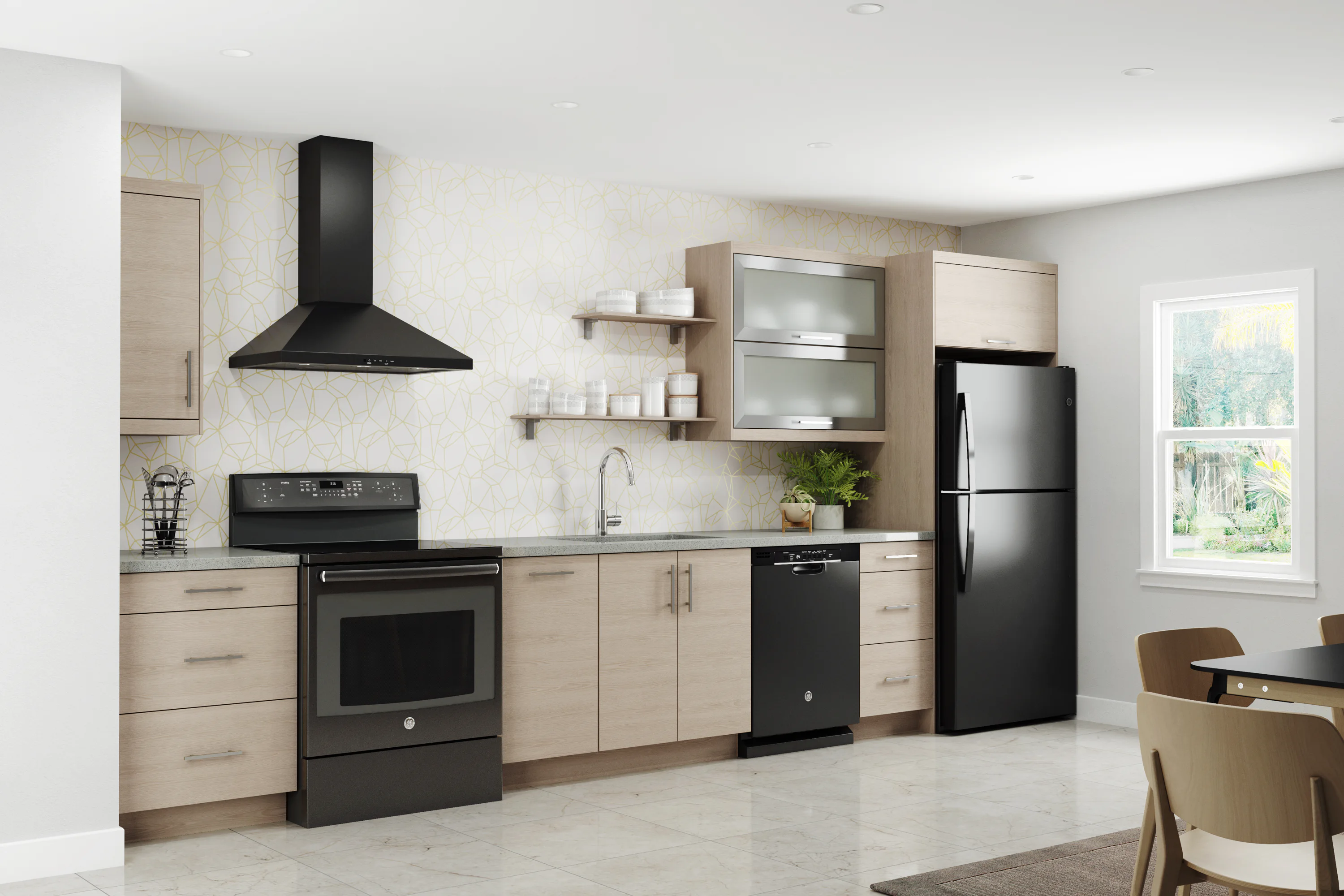 Modern kitchen with light wood cabinets, black appliances, and a sleek black range hood. Open shelving, a plant, and a window provide a bright and airy feel.