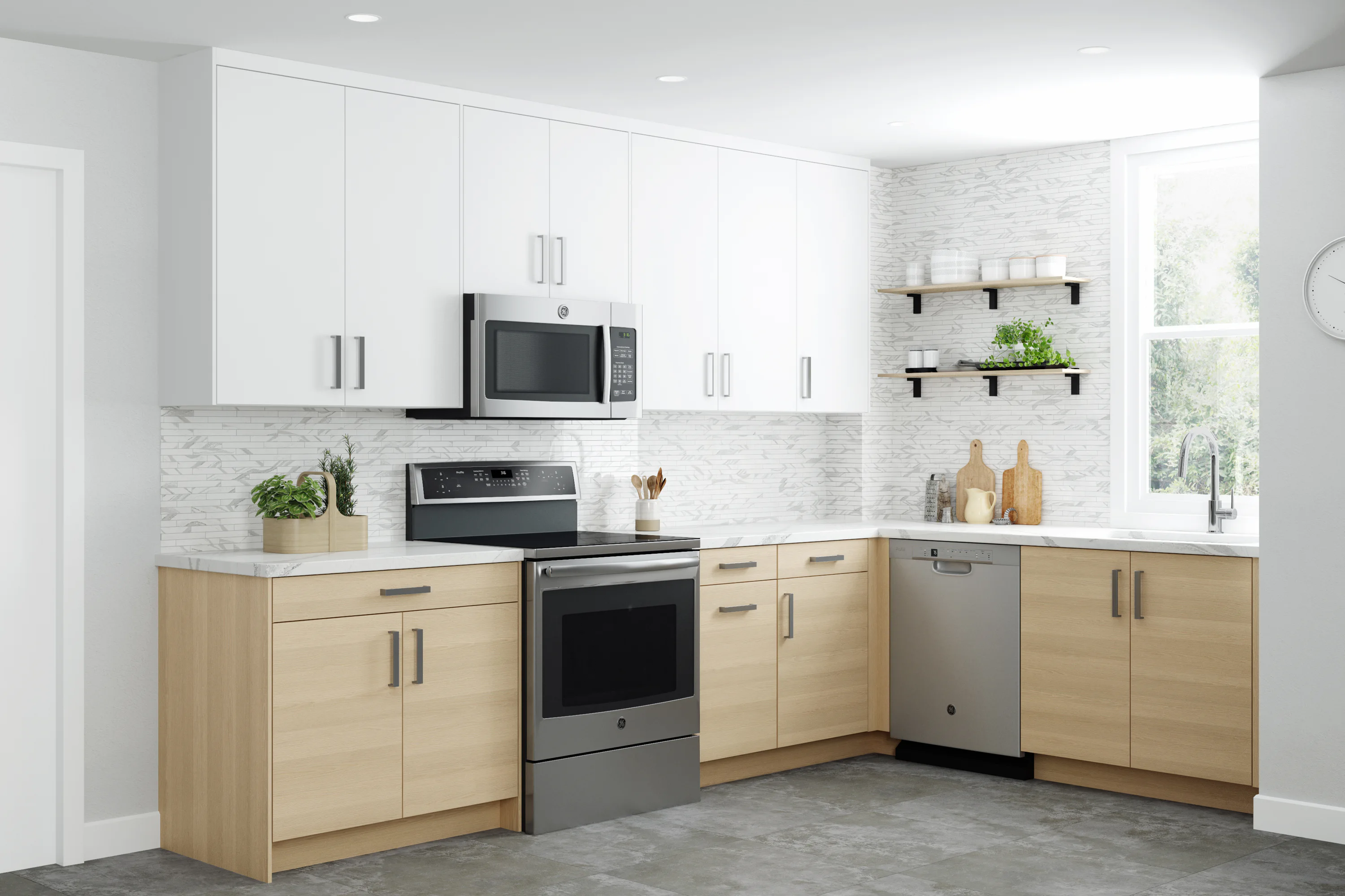 Modern kitchen with white and wood cabinets, stainless steel stove, microwave, and dishwasher. Marble backsplash, open shelves with plants and cookware, grey tiled floor.