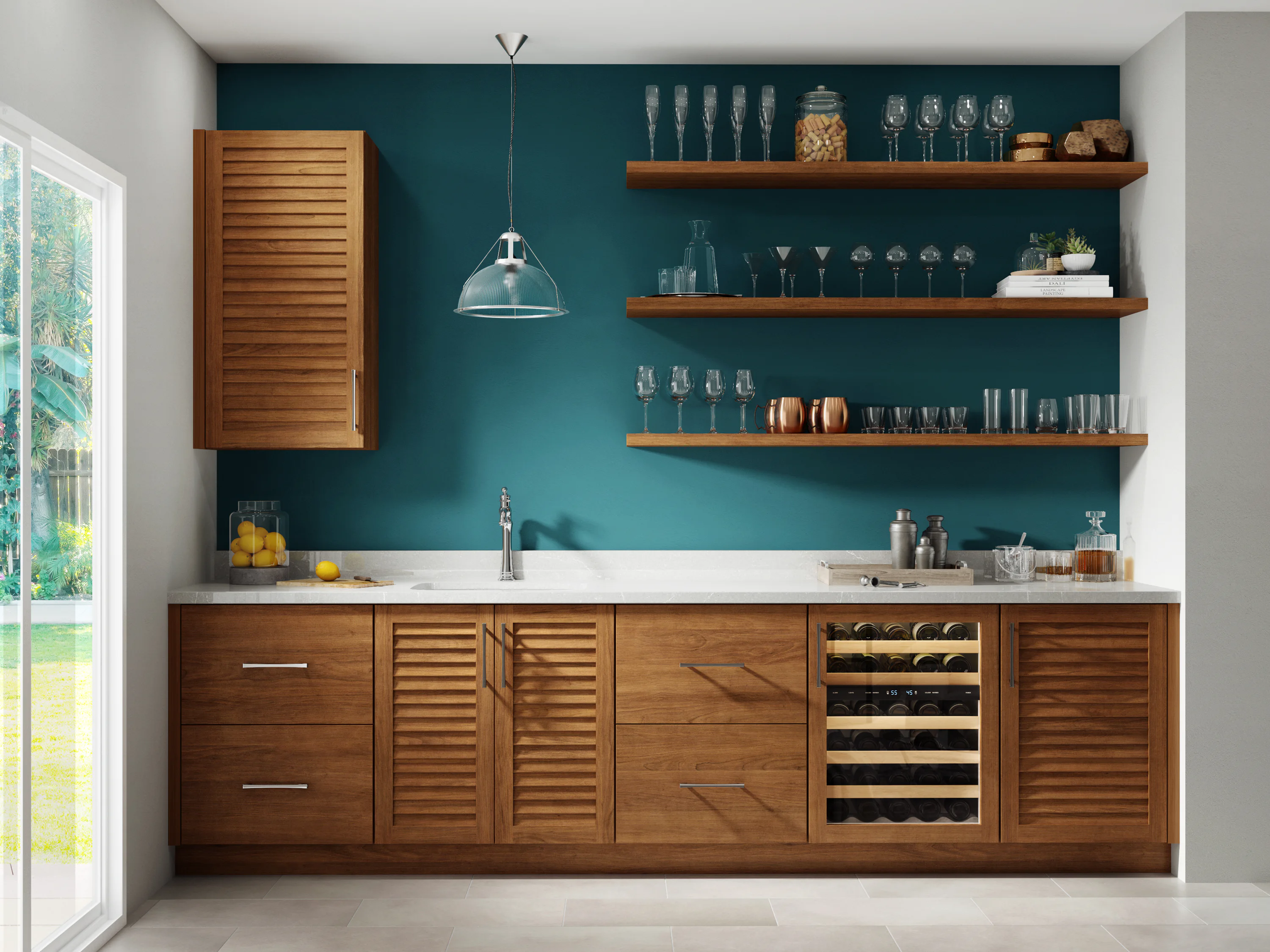Modern kitchen with teal wall, wooden cabinets, and floating shelves. Features a countertop with a sink, glassware, copper mugs, and a wine cooler. Large window on the left.