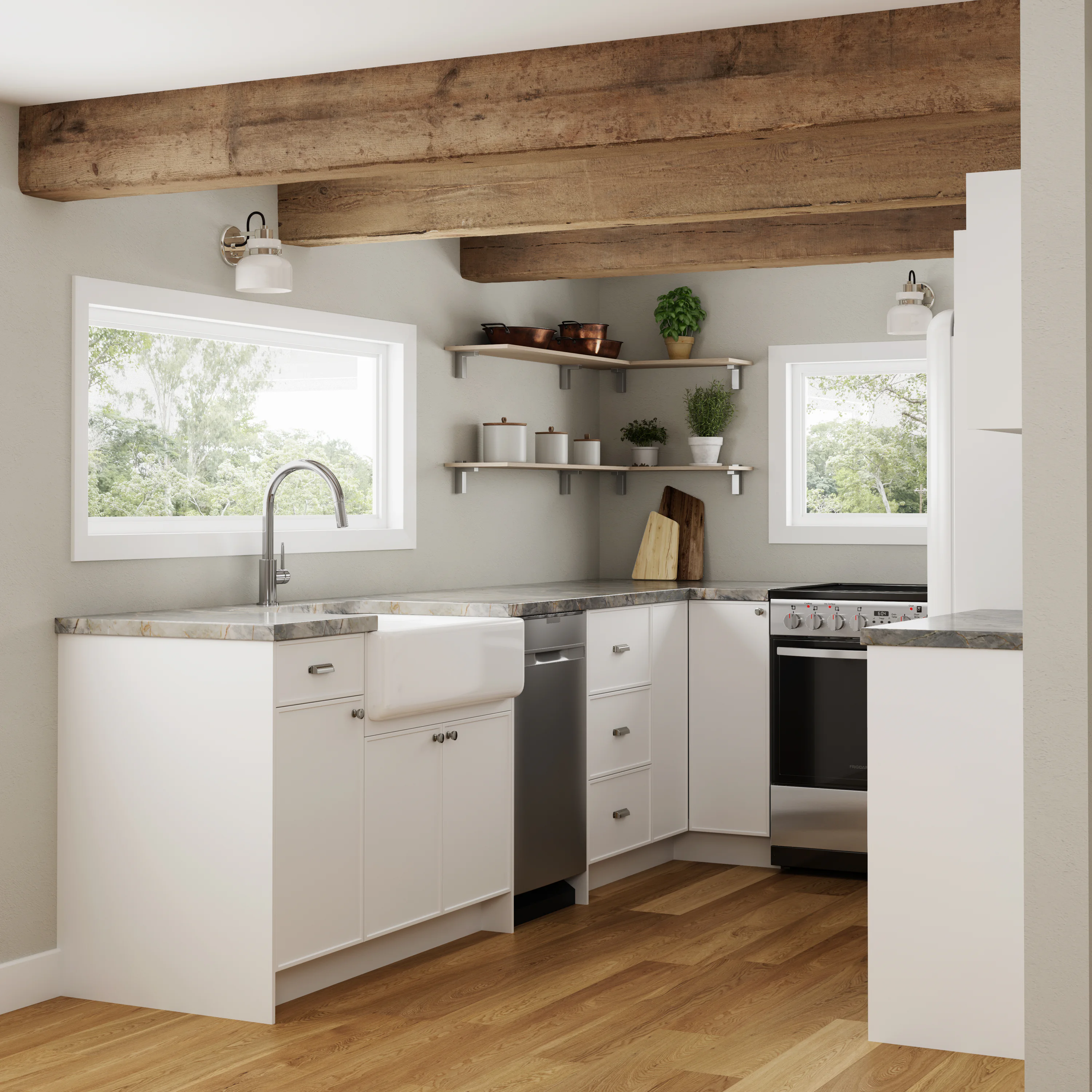 A small kitchen with white cabinets, a farmhouse sink, stainless steel dishwasher, and oven. Open shelves hold copper pots and plants. Exposed wooden beams add rustic charm.