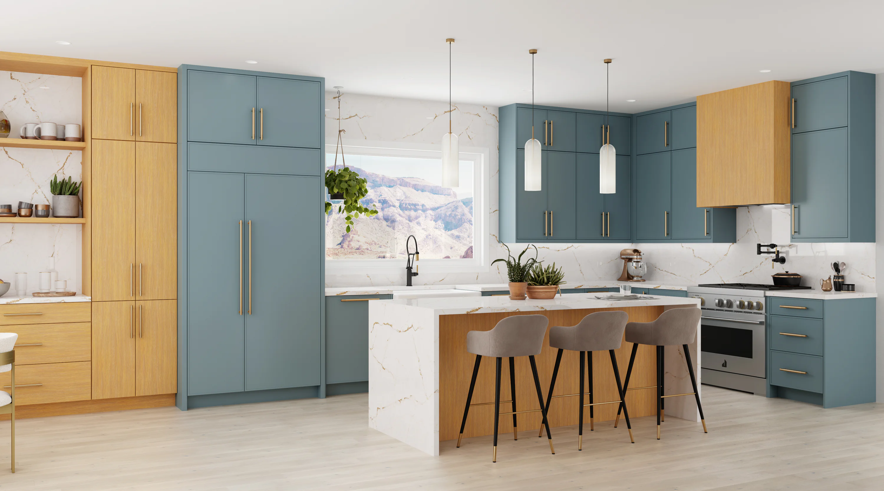 Modern kitchen with blue and wood cabinets, white marble countertops, and three pendant lights. A window offers a mountain view. Stools at the island and plants adorn the space.