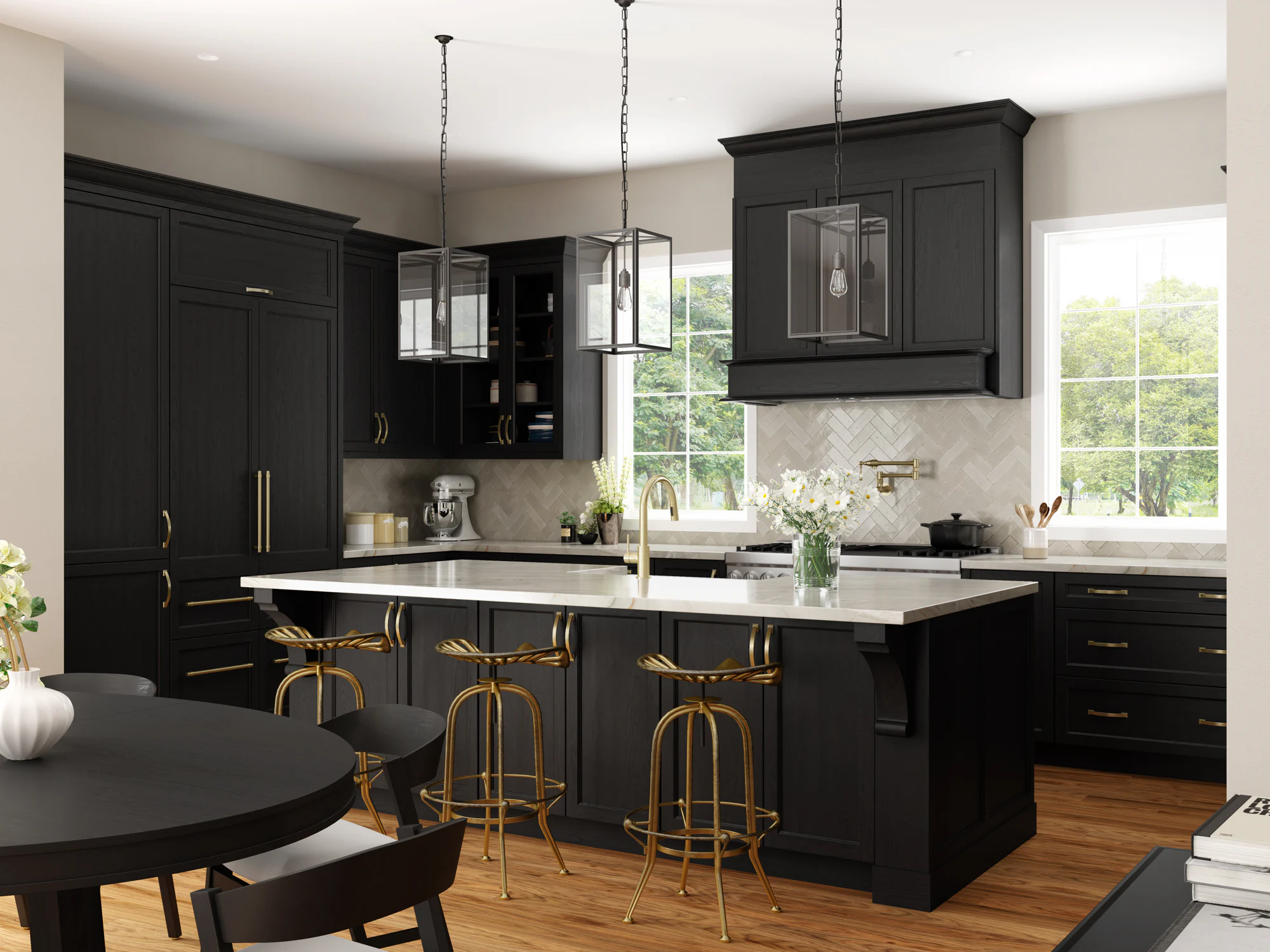 Modern kitchen with black cabinets, marble island, gold bar stools, hanging glass pendant lights and large windows