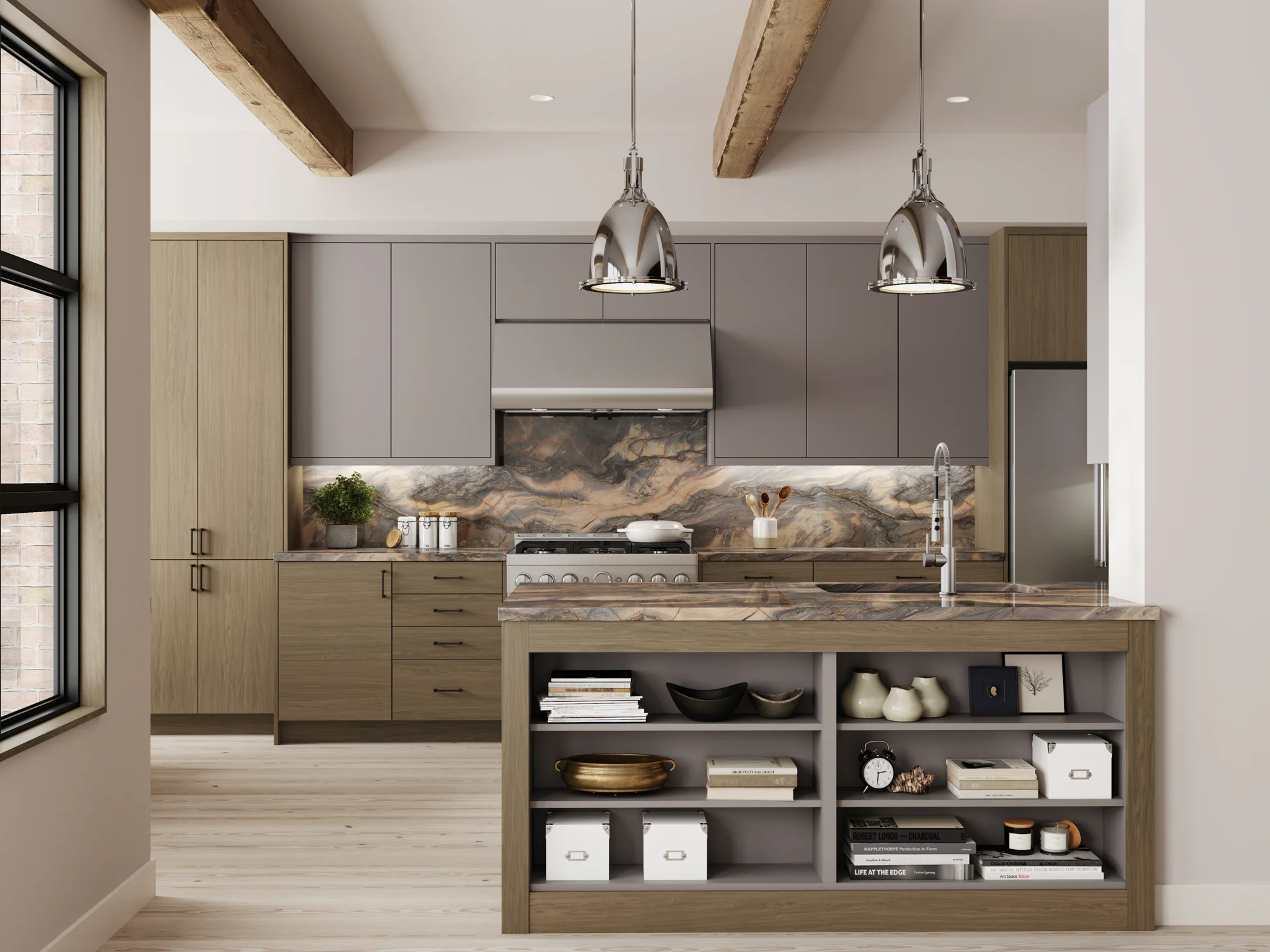 Modern kitchen interior with wooden cabinets, marble backsplash, island shelving and two chrome pendant lights