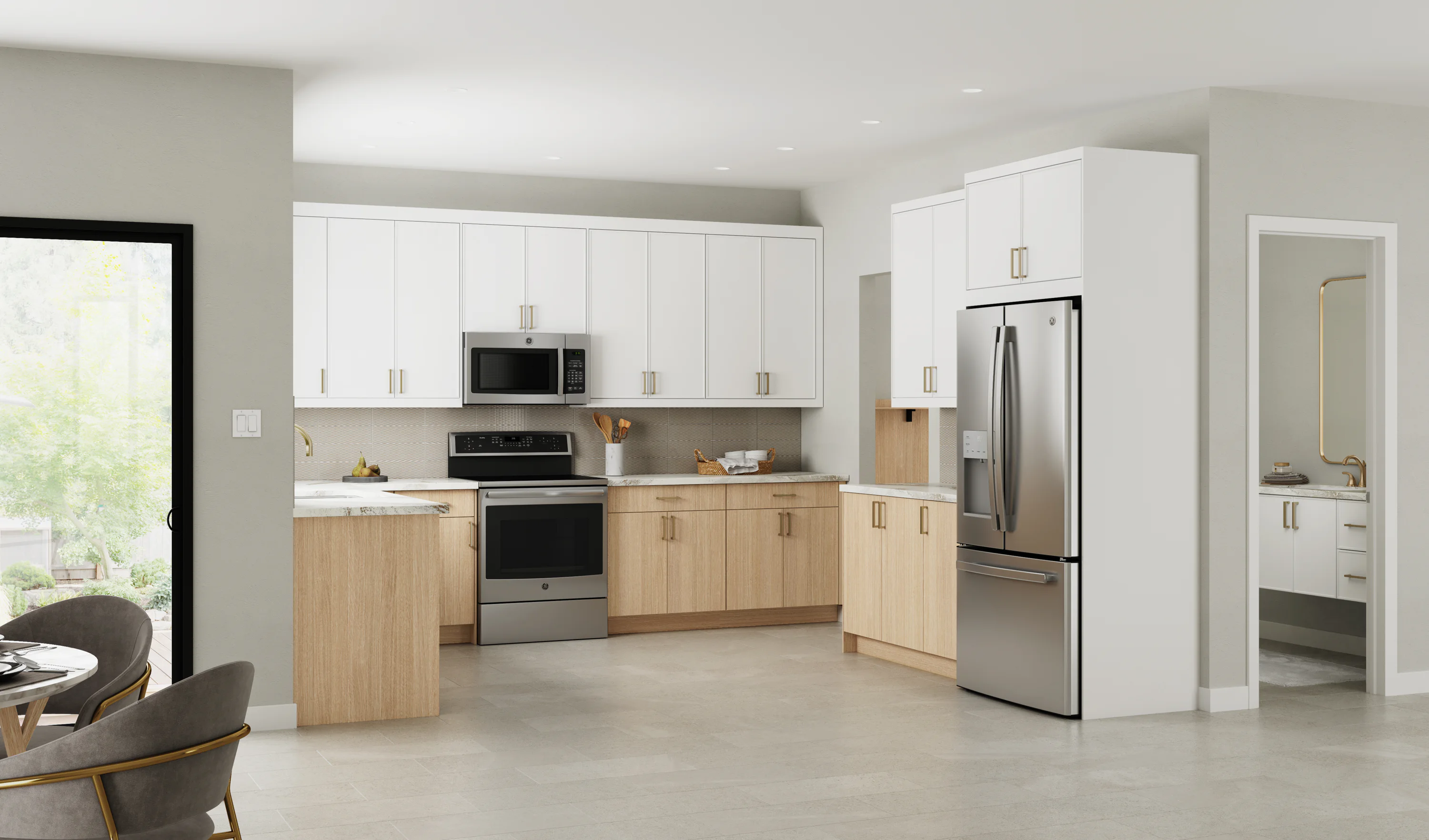 Modern kitchen with white upper cabinets and light wood lower cabinets, featuring stainless steel appliances, including a fridge, microwave, and oven. Large window with garden view.
