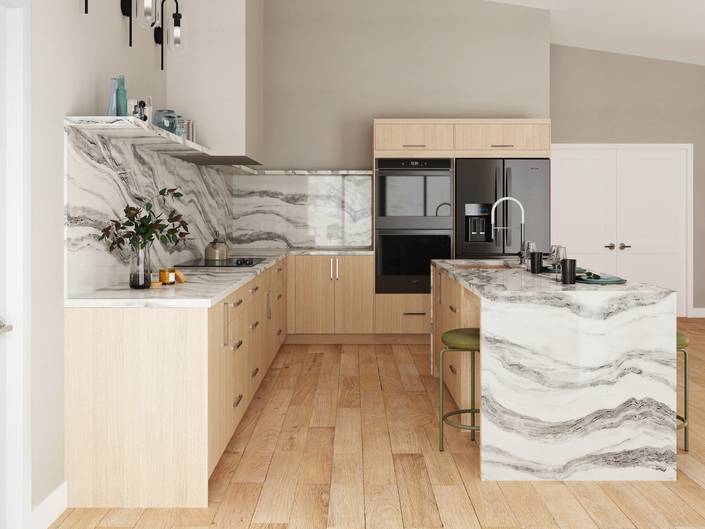 Modern kitchen with light wood cabinets, marble countertops, and backsplash. Includes a double oven, black refrigerator, bar stools, and pendant lighting over an island.