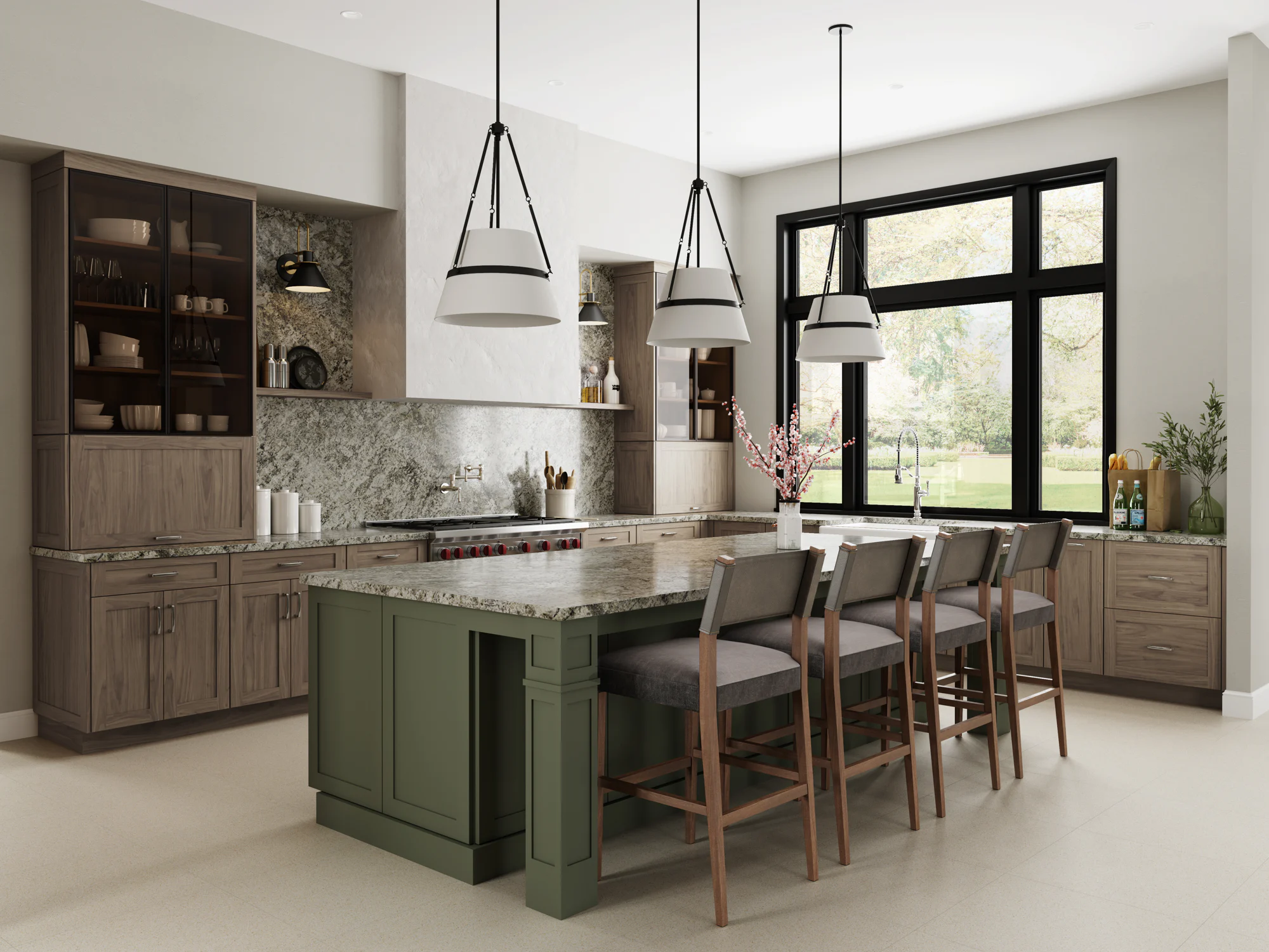 Modern kitchen with green island, marble countertops, wooden cabinets, four bar stools and pendant lights by a large window