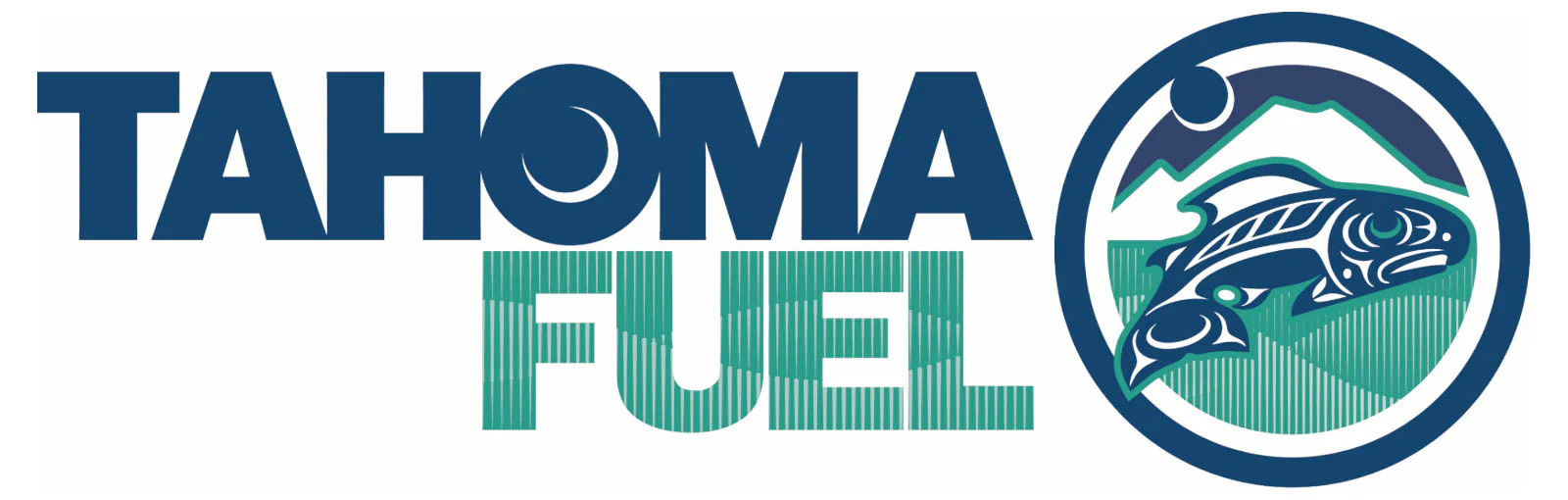Tahoma Fuel logo with bold navy TAHOMA text, striped teal FUEL text, and circular emblem showing stylized Northwest salmon, mountains and moon in teal and navy.