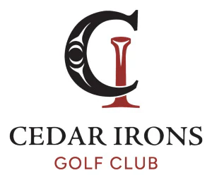 Cedar Irons Golf Club logo: stylized black letter C entwined with red I shaped like a golf tee above text Cedar Irons Golf Club