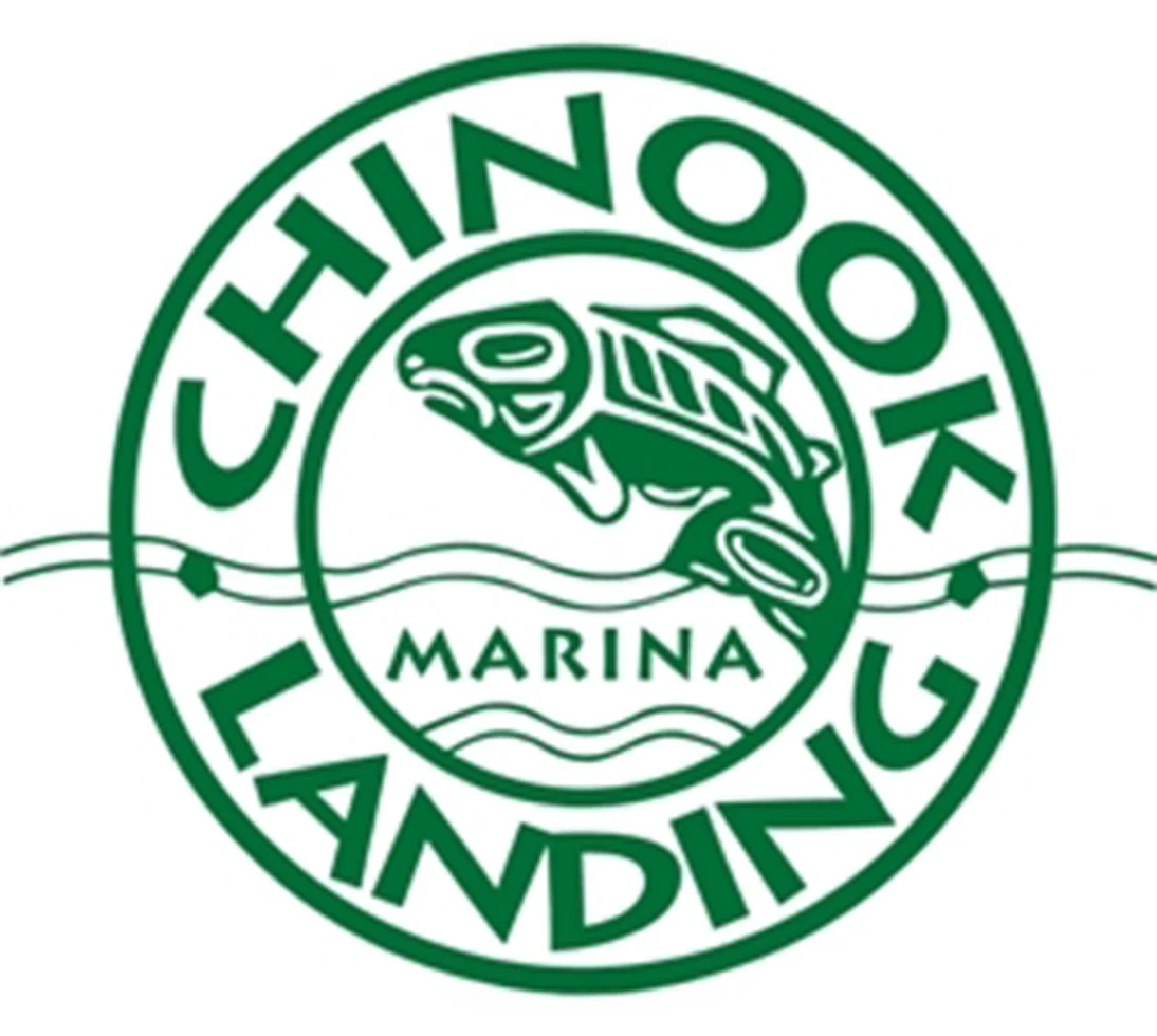 Green round logo with a fish and wavy lines in the center, surrounded by the words 'Chinook Landing Marina'.