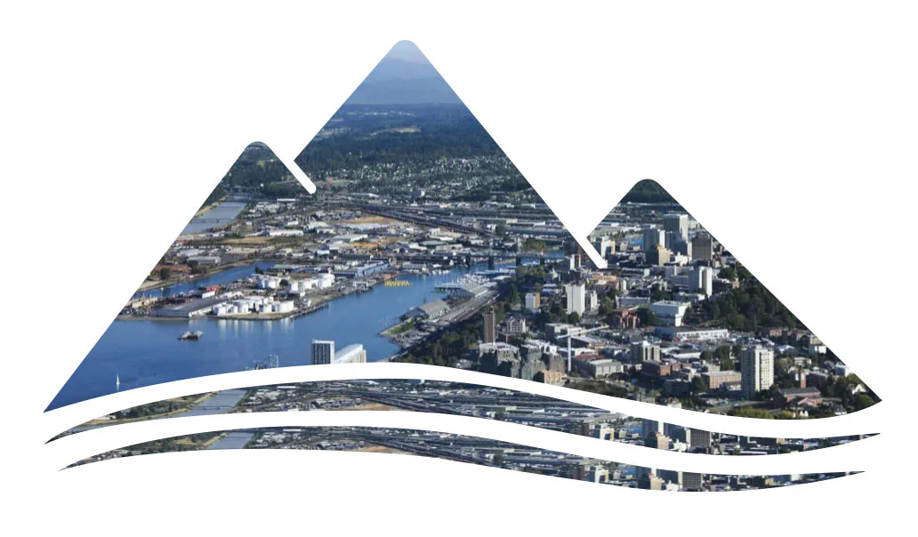 Aerial view of a harbor and city clipped into a stylized mountain and wave graphic