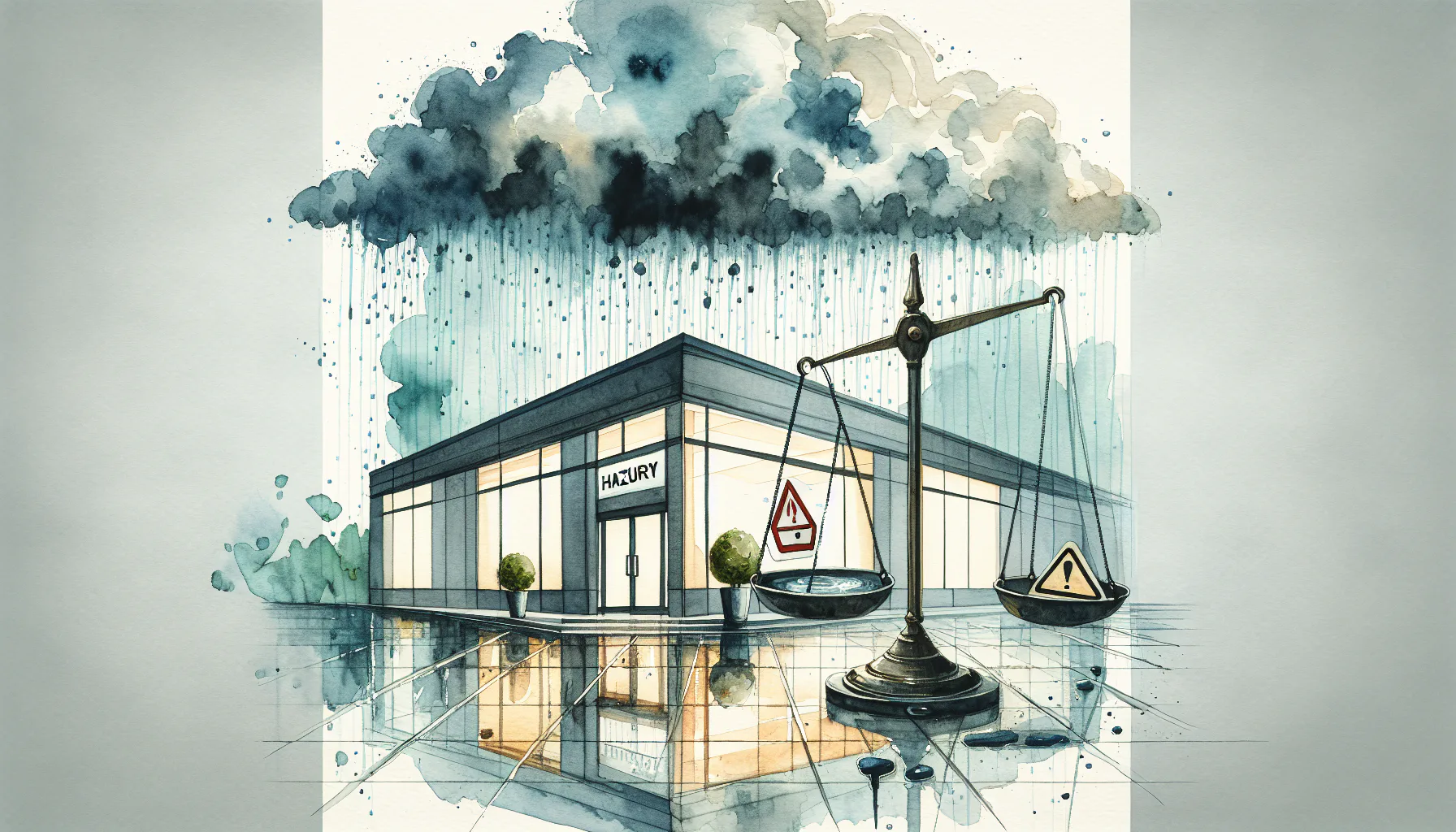 Watercolor illustration of a modern building labeled 