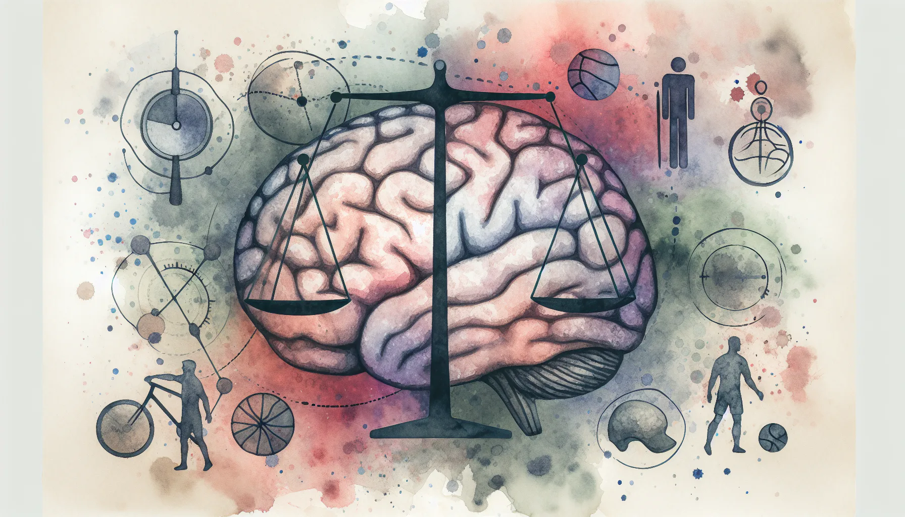 Illustration of a brain with scales overlay, surrounded by abstract symbols and figures representing balance, science, and human activities, in watercolor style.