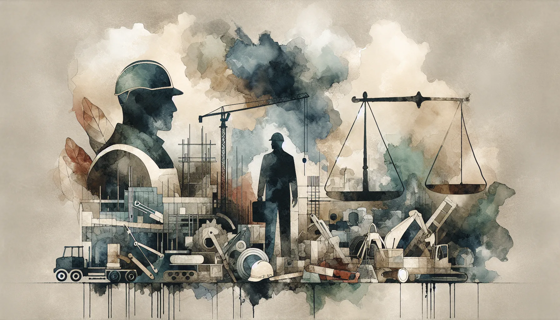 Abstract watercolor of construction workers, machinery, and scales symbolizing industry and balance. Features silhouettes of workers, cranes, gears, and construction vehicles.