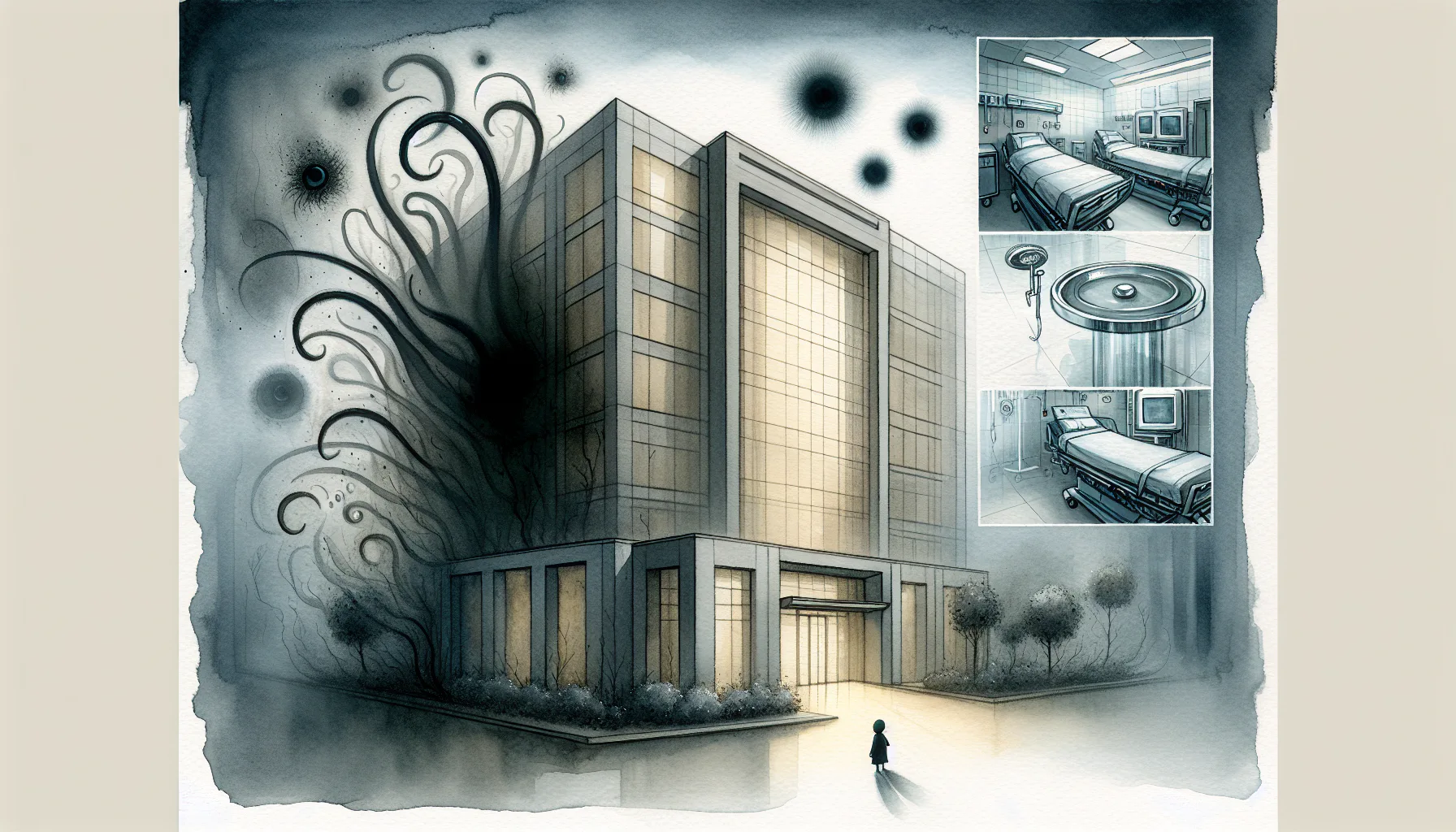 Watercolor of a modern hospital with glowing entrance, dark swirling tendrils on the left, a silhouetted figure at the doorway, and inset sketches of hospital rooms
