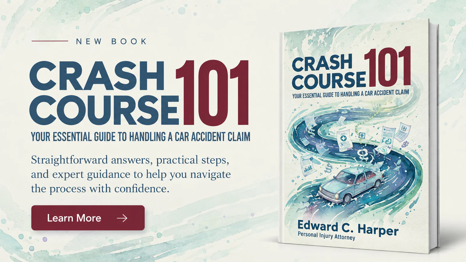 Book cover 'Crash Course 101' showing a car on a winding road and text about handling car accident claims.