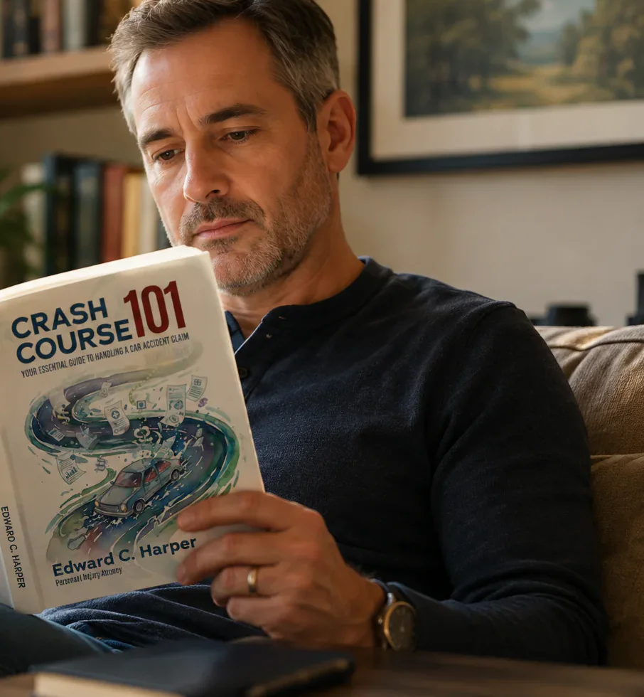 Man on sofa reading book 'Crash Course 101' about handling car accident claims.